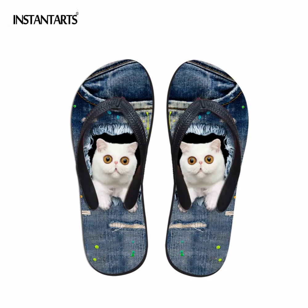 INSTANTARTS 3D Cute Animal Cat Denim Pattern Women Flip Flops Woman Rubber Soft Comfy Slippers 