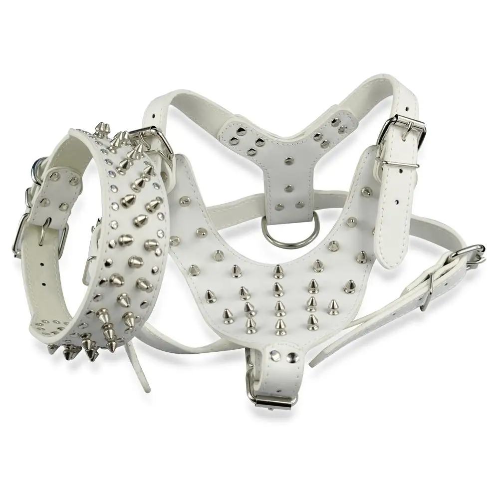 3 Sizes Soft White PU Leather Spiked Studded Dog Harness & Collar Set For Pitbull Bully
