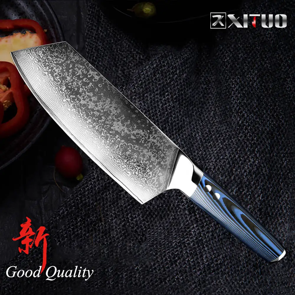 XITUO Дамасские поварские ножи высокоуглеродистые VG10 японский дамасский кухонный нож Gyuto Nakiri Кливер синий G10 Ручка аксессуары - Цвет: 8 in cleaver knife