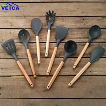8 шт деревянная ручка, силикон набор посуды лопатка термостойкая ложка для супа антипригарная специальная кухонная лопатка кухонные инструменты
