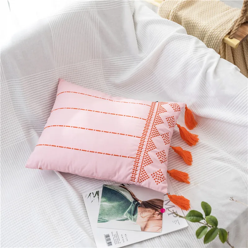 Spring Cushion Cover Pink Blue Black White Home Decorative Embroidery Tassels Pillow Cover for Home Sofa Bed Rectangle 38x48cm - Color: Pink