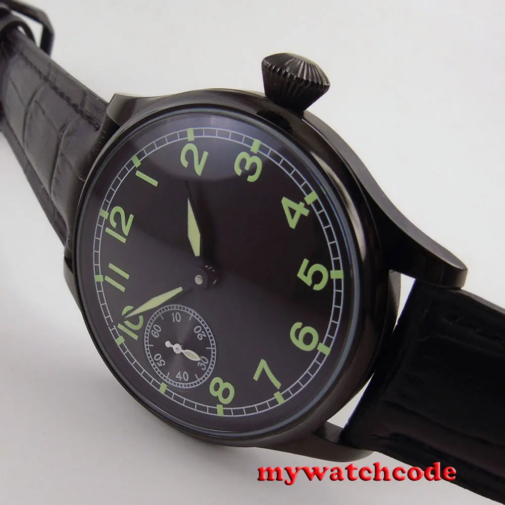 

44MM parnis black dial luminous PVD 6497 hand winding movement mens watch P687