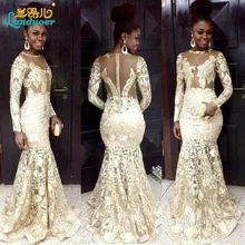 2016 Südafrikanischen Stil Langarm Nixe-abschlussball Lace Sheer Neck Abendkleider Plus Größe Frau Formale Party Kleider