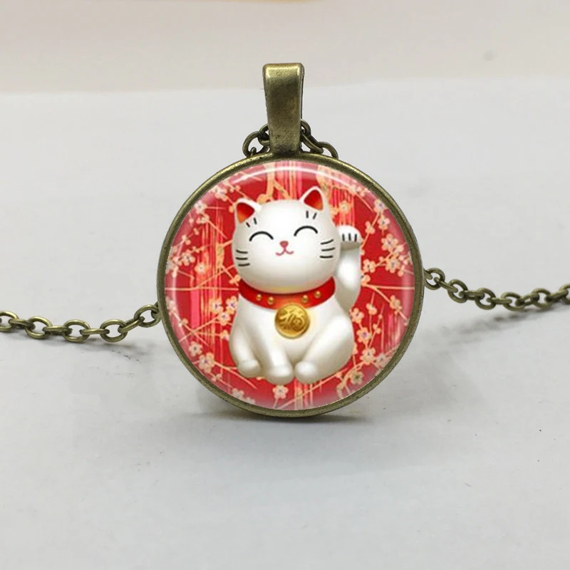 1 шт. новый красный Maneki Neko Lucky Cat стеклянный кабошон тибетский серебряный кулон