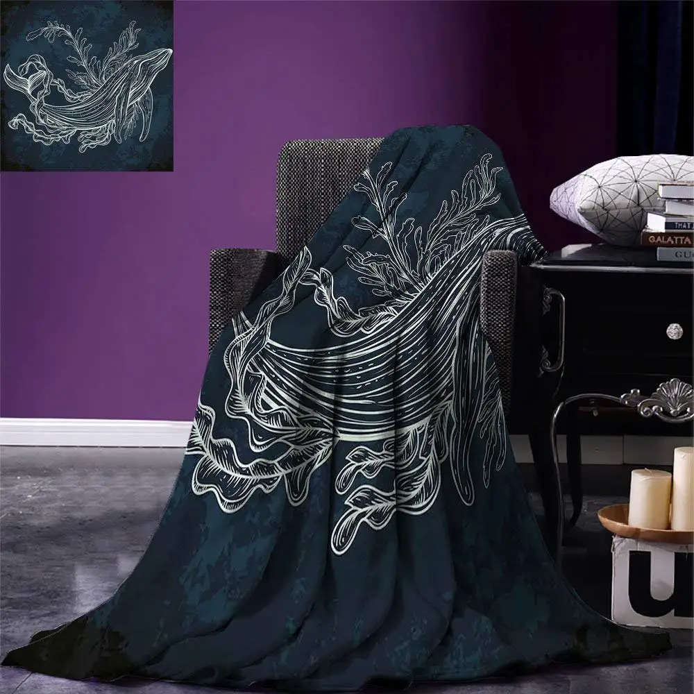 

Whale Throw Blanket Silhouette of Whale in Doodle Style with Coral Reef and Seaweeds Print Home Blanket
