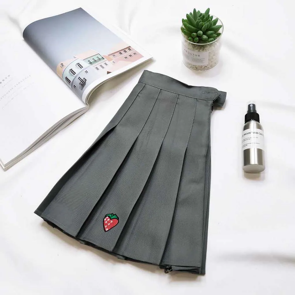 Women Pleated Skirt Girl School Uniform Skirt Solid High Waist Mini Skirts Ladies Casual Strawberry Pleated Mini Skirts#626