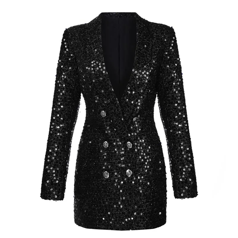 INDRESSME New Women Fashion Sequins Deep V Double Breasted Dress Long Sleeve Party Club Sexy Jacket Office Lady Solid - Цвет: Black