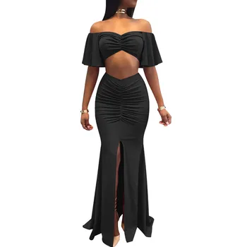 

Spring Autumn Women Off Shoulder 2 Piece Dress Evening Black Maxi Dress Ruffles Sexy Split Draped Nightclub Long Bodycon Dress
