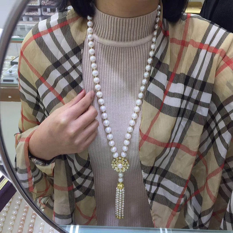 Sinya Tassels fashion Sweater chain Natural pearls Strand long necklace for Women Mum lover gold or white gold color optional  (4)