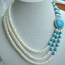 17-1" 3row 8 мм белый пресноводный жемчуг и камень ожерелье Свадебные украшения Кристалл женские