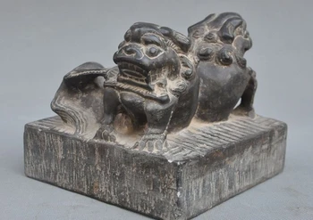 

old chinese stone Carved fengshui 2 foo dog lion beast statue seal Signet