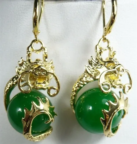 

Fancy 12mm green jades dragon GP earrings