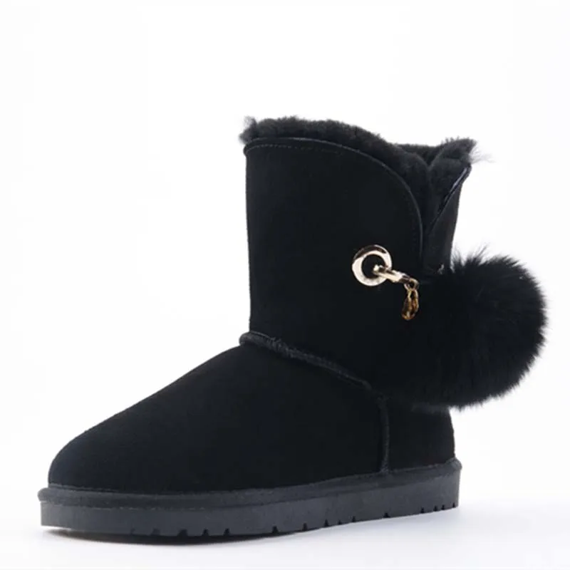 Классические зимние женские ботинки из натуральной воловьей кожи на натуральном меху; зимняя обувь высокого качества - Цвет: Black