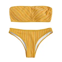 Сексуальный бикини 2019 полосатый пуш-ап бикини набор желтый купальник женский микро купальник женский бикини с декоративными веревочками