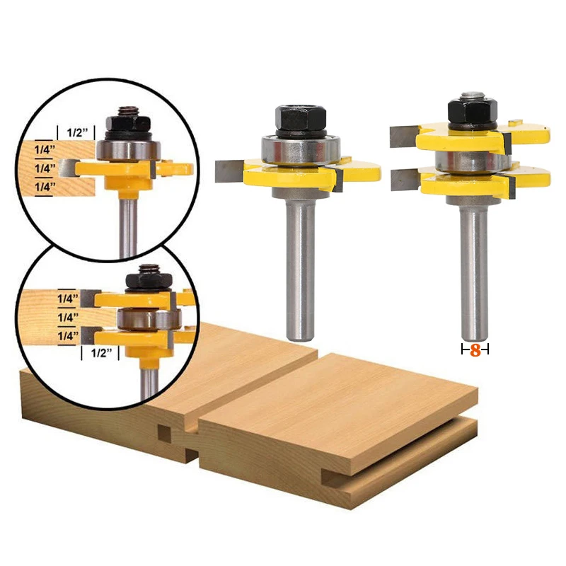 

2pc 8mm Shank Milling Cutter Tongue & Groove Joint Assembly Router Bit Set 3 Teeth T-type 8 Handle Wood Cutting Tool Woodworking