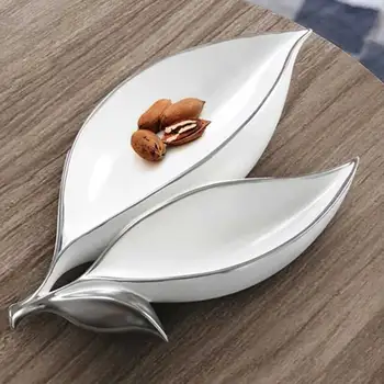 

Ceramic Fruits Plate Double Leaves Shaped Coffee Table Nuts Fruit Plate Home Decor Ornament TB Sale