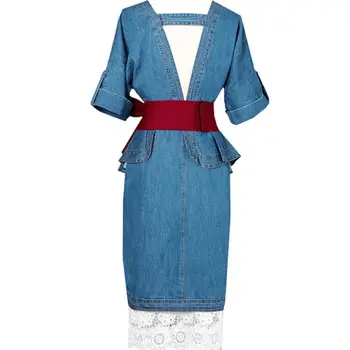 

fashion Sexy Elegant Women Denim dress Double V neck Backless Ruffle Sash Wrap knee-length Dress Front Split Ladies Jeans d