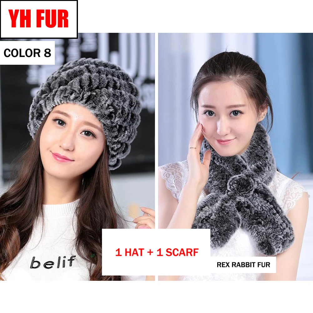 

2019 Hot Sale Women Natural Real Rex Rabbit Fur Hat With Rex Rabbit Fur Scarf Knitted 2 Pieces Real Rex Rabbit Fur Cap And Scarf