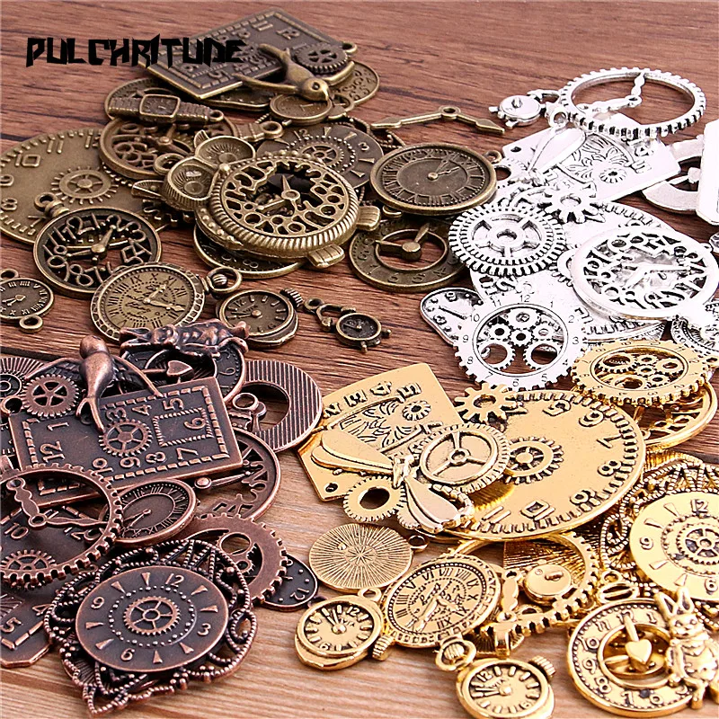Mix Antique Metal Pendant Supplies Findings for Jewelry Making Bronze HM71 Youdiyla 100g Steampunk Clock Face Dial Pointer Charm Pendant 