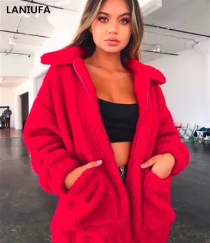 

Autumn Winter wool coat Overcoat Warm Outerwear Women Faux Fur Coat Turn Down Collar Long Sleeve Cardigan Zipper Women Outwear