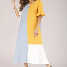 Casual Women Maxi Dress Summer Patchwork O Neck Half Sleeve Trumpet Sleeves Loose Dress white half sleeve maxi dress