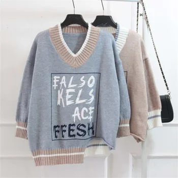 

Fashion Women Sweaters 2018 Autumn Winter Preppy Letter Printed Long Sleeve Jumpers V Neck Oversized Pullovers Chic Loose Tops