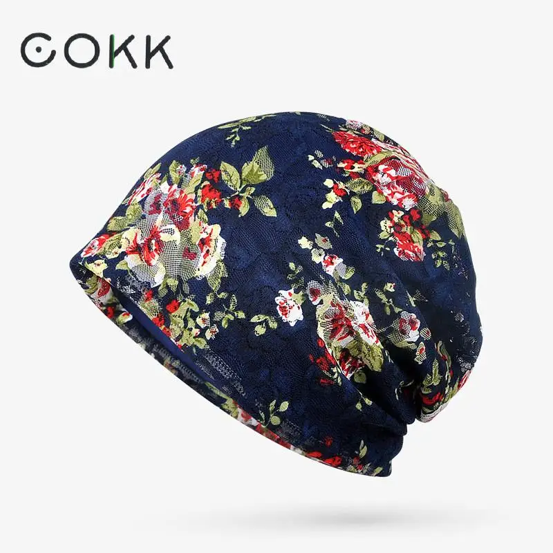 

COKK Hats For Women Summer Autumn Thin Beanie Knit Cap Lace Flower Bonnet Fashion Skullies Female Gorro Feminino Chapeu New