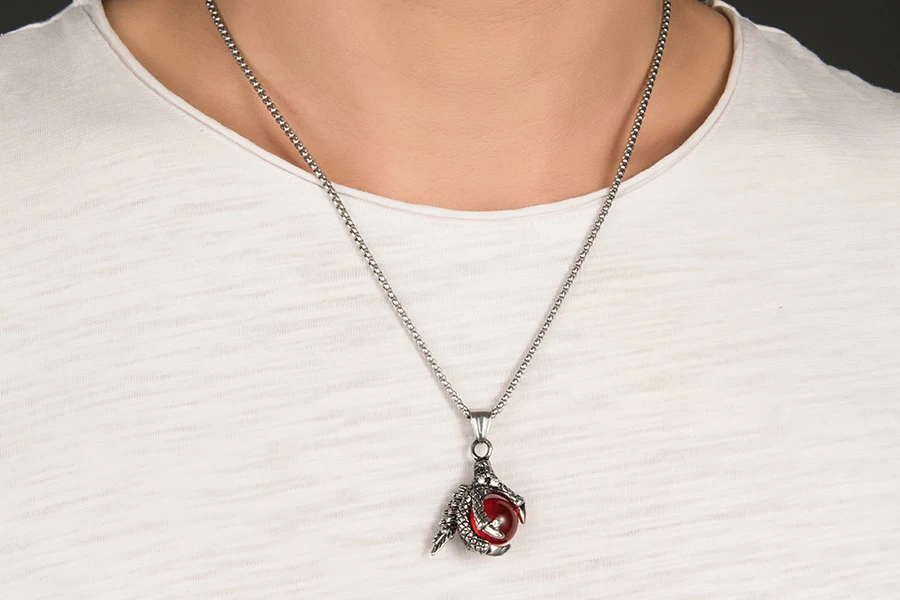 HOBBORN Vintage Dragon Claw Pendant Necklaces Titanium Steel Pendant Blue Red Black Crystal Beads Necklace Punk Men's Jewelry Gifts Bijoux size