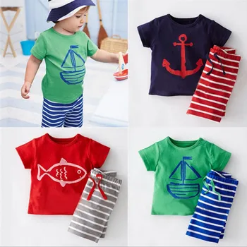 

Summer Baby Boys T Shirts Set Boat Anchor Fish Striped T Shirt Baby Boys Cotton Clothes Set Pants 2pcs Baby suits