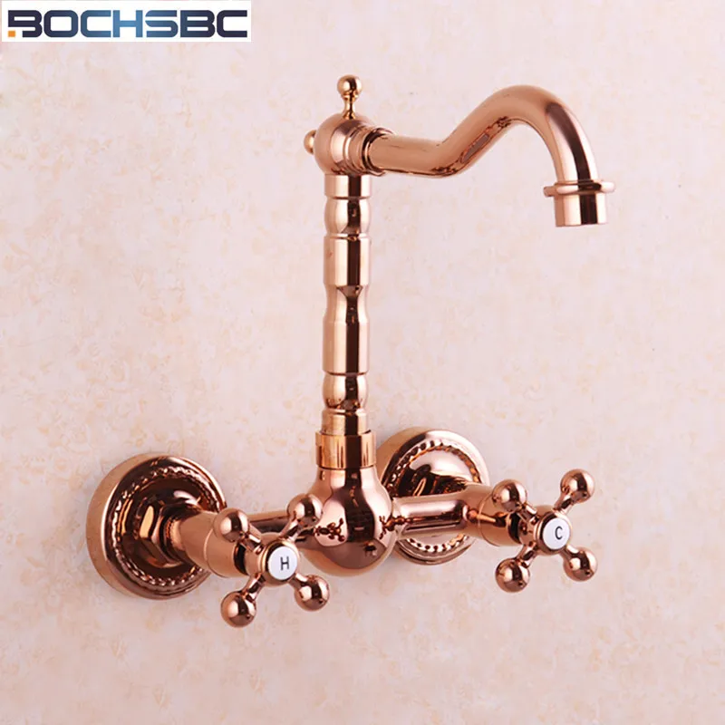 

BOCHSBC European Luxury Rose Gold Color Bathroom Brass Swivel Kitchen Mixer Tap Wall Mounted Dual Handle Hot and Cold Taps