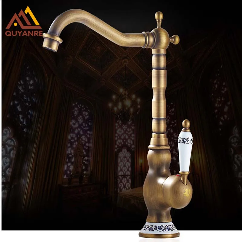 Retro Style Brass Tall Long Neck Bathroom Basin Mixer Taps Deck Mounted