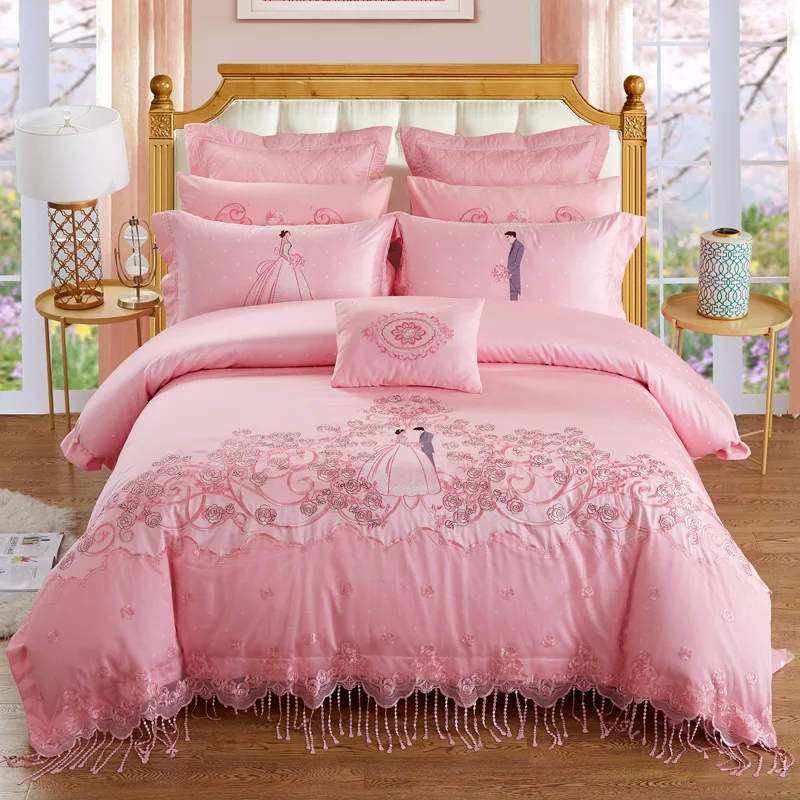 2018 Egyption Cotton red pink Color Cotton Satin lace Bedding Set