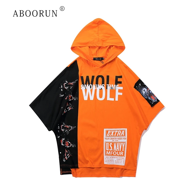 

ABOORUN 2019 Men's Hip HopT-Shirt Printed Patchwork Hooded T Shirts High Street Short Sleeve Tees for Male R112
