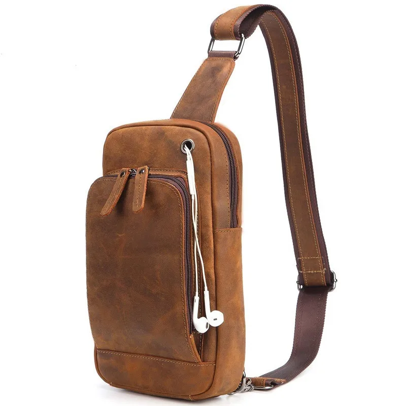 

FSINNLV Genuine Leather Men Crossbody Bags with Earphone Outlet Chest Bags Travel Male Shoulder Messenger Bags Sling Bag HB170