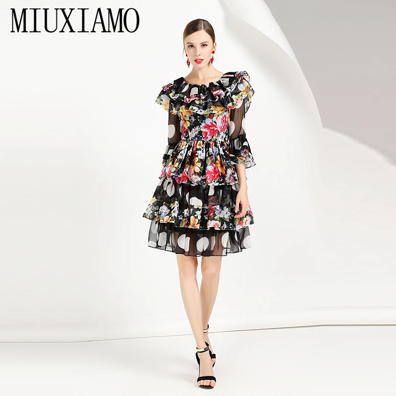 

MIUXIMAO High Quality 2019 Summer&Spring Ruffle Dress Full Red Rose Floral Print Eleghant Casual Silk Dress Women vestidos