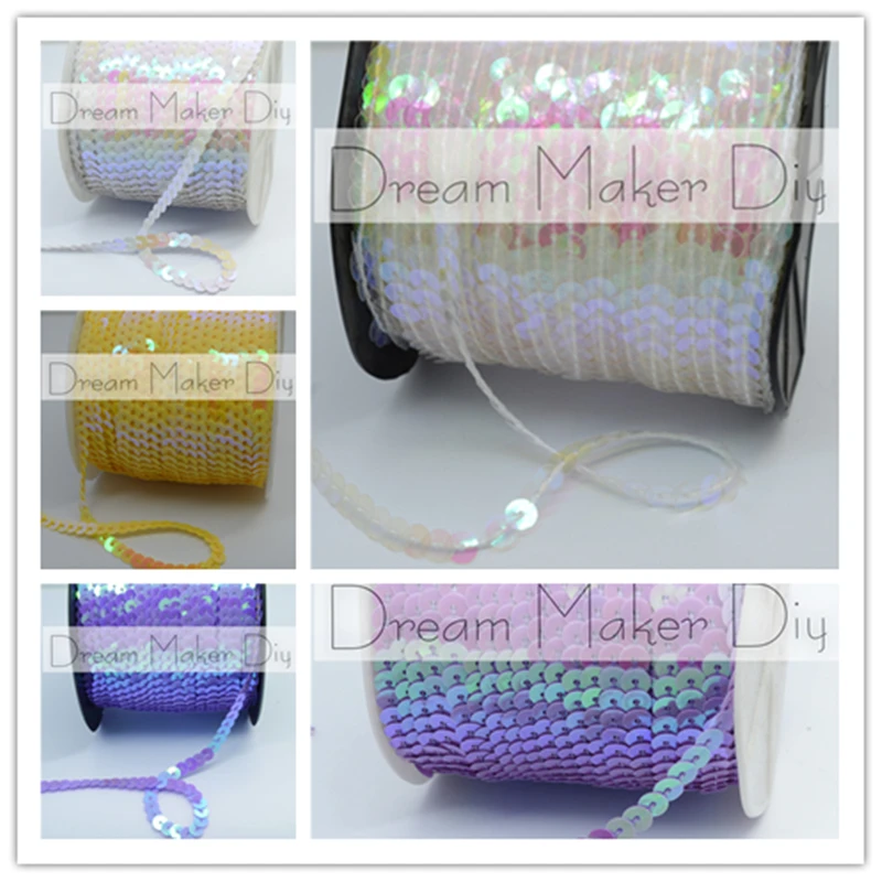 

100Yard 6mm AB Colors Sequins Ribbon Trim Sewing Paillette Stretch Strings Flat Round Sequins in Roll For Clothing Crafts