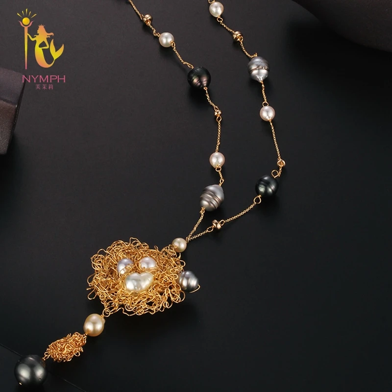 

[NYMPH] Long Pearl Necklace Women Fine Jewelry Natural Freshwater Pearl Necklace Double Layer Party Gift New Trendy Circle X342