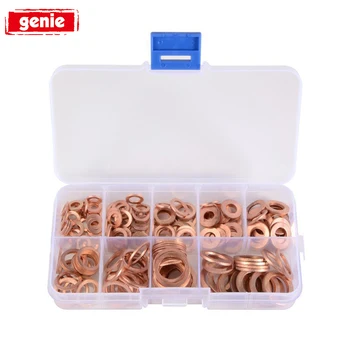 

200pcs Copper Washer Gasket Set Flat Ring Seal Kit M5/M6/M8/M10/M12/M14 with Plastic Box