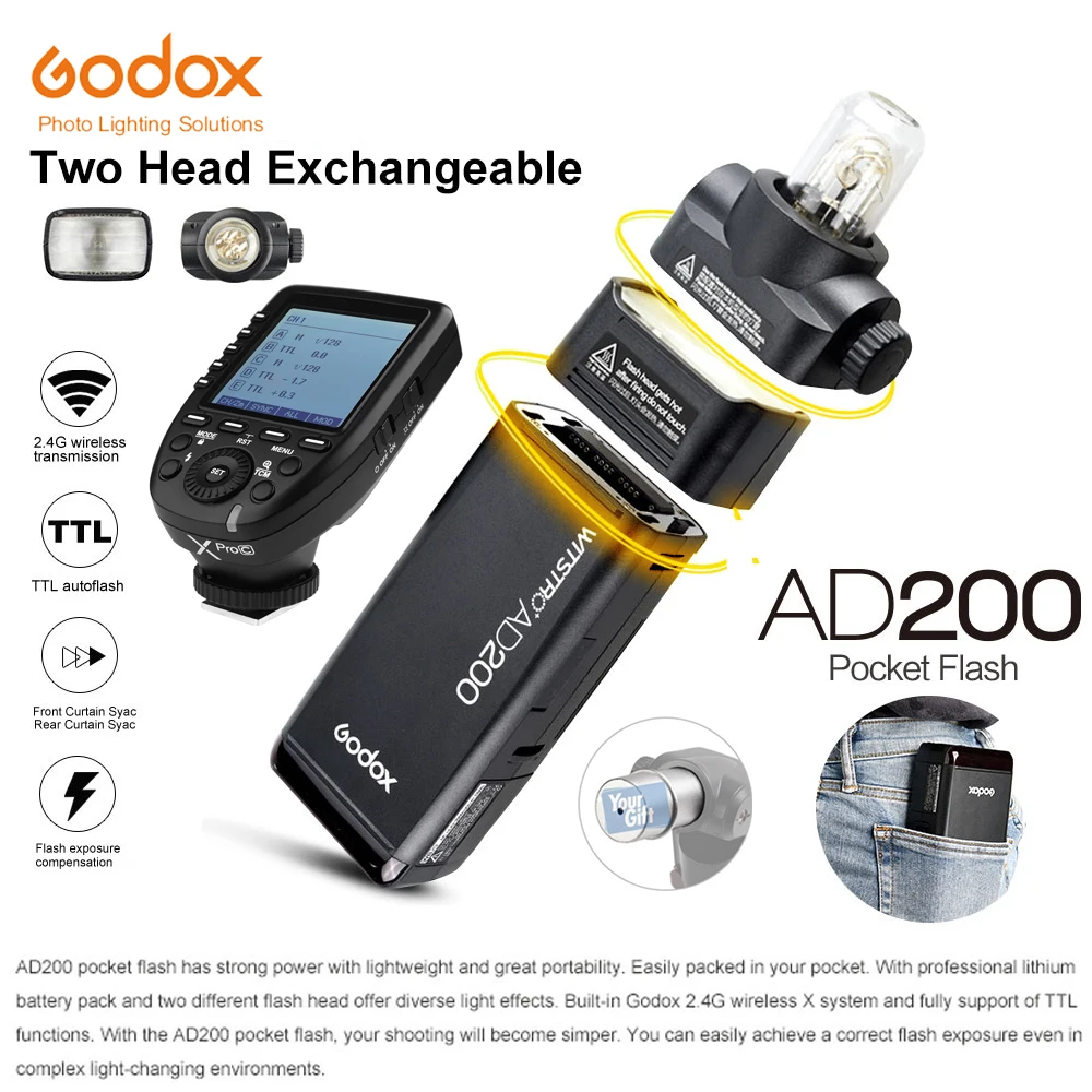 

Godox Pocket Outdoor Flash AD200 Convertible cap 2.4G Wireless 200WS TTL HSS 1/8000s sync+Xpro-C/Xpro-N/Xpro-S/Xpro-O/Xpro-F Kit