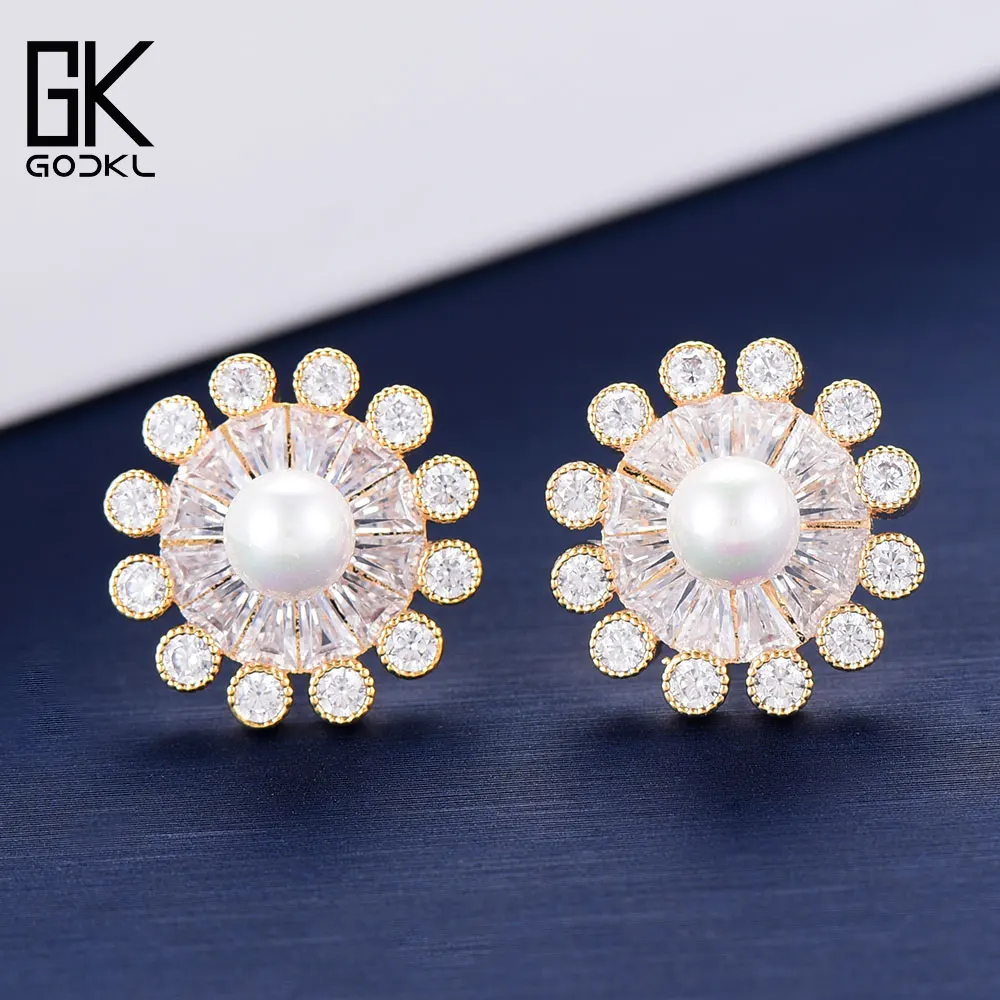 

GODKI Dainty Korean Flower Stud Earrings For Women Wedding Cubic Zirconia Imitation Pearl Bohemian Bridal Silver Stud Earrings