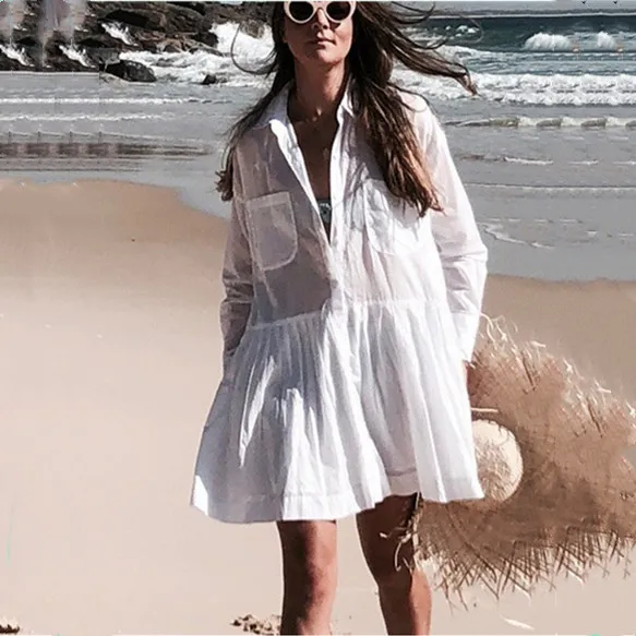 

Bsubseach Women's White Long Sleeve Beach Bathing Suit Cover Up Turn Down Collar Blouses 2019 Summer Casual Female Holiday Dress