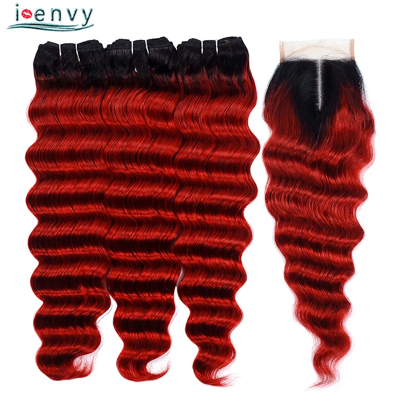 IEnvy 1B Red Loose Deep Wave Bundles With Closure Ombre Bundles With