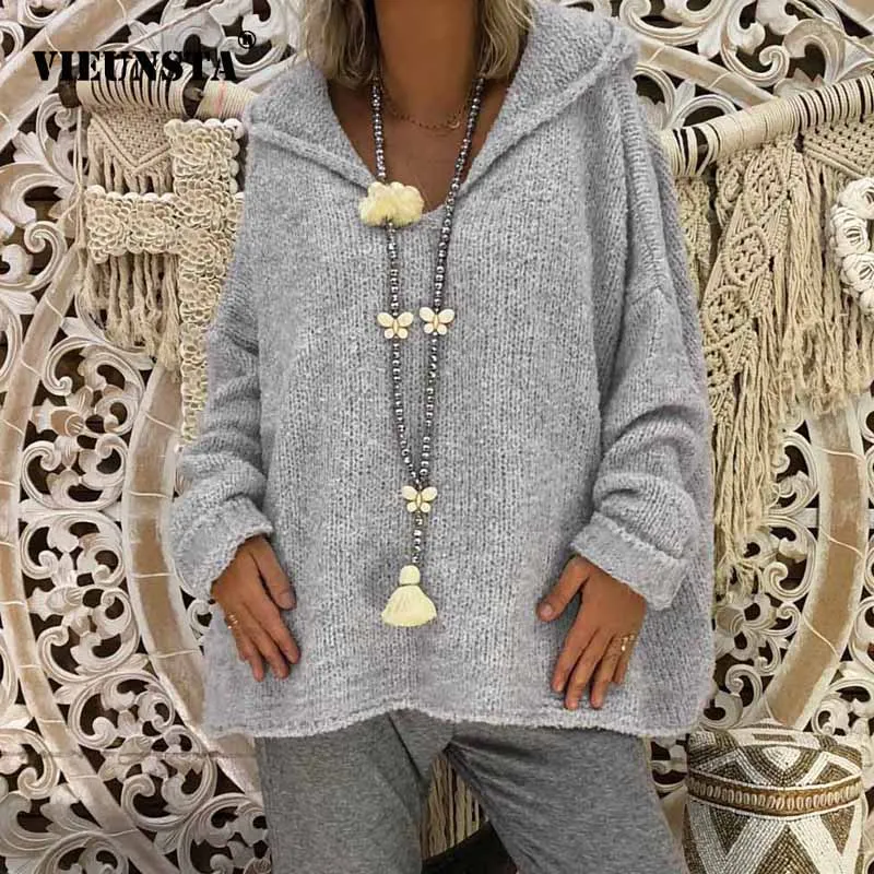 

VIEUNSTA Women Sweater 2018 Knitted Hooded Tops Batwing Sleeve Pullovers Autumn Winter Pull Femme Warm Outwear Cashmere Sweaters