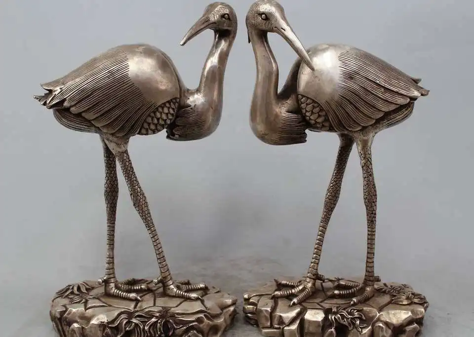 

13" Chinese Silver Good Lucky Longevity Red-crowned Crane Animal Pair Statue