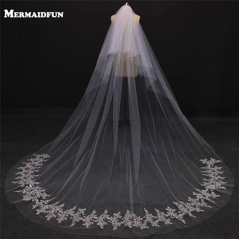 

MERMAIDFUN Real Photos 2017 Two Layers Bling Sequins Lace Cathedral Wedding Veils With Comb Two Tiers Bridal Veil Voile Mariage