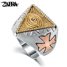 ZABRA 925 Sterling Silver Ring 18mm Gold Color God Eye Cross Sculpture Vintage Ring Men Women Steampunk Christian Ring Jewelry