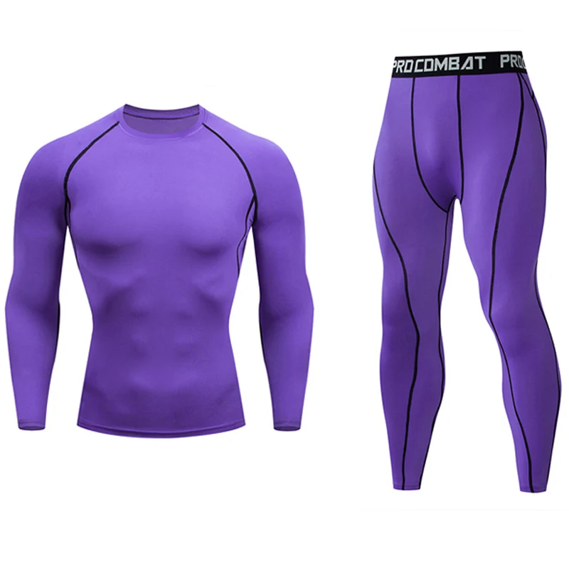 Мужское длинное термобелье комплект фитнес-одежда колготки черный спортивный костюм Кроссфит футболка брюки Бодибилдинг компрессия костюм - Цвет: Фиолетовый