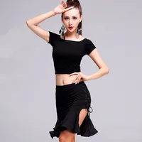 2017 New Latin Dance Costumes 2Pcs(Top+Ruffle Skirt) Women Black Adult Female Dance Salsa And Latin Dance Dresses Woman MD6137