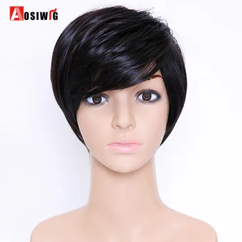 

AOSIWIG Natural Black Short Straight Pixie Cut Synthetic Wigs for Black Women With Side Bangs Heat Resistant Party Wigs