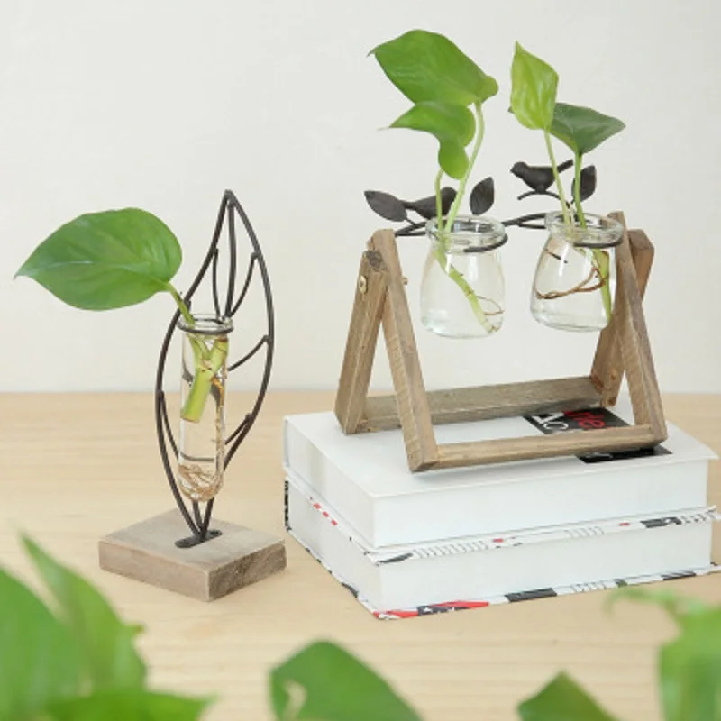 

2018 New Year Creative Glass Vase Tabletop Flower Vase Bottle in Wood Stand Terrarium Home Party Office Wedding Decoration